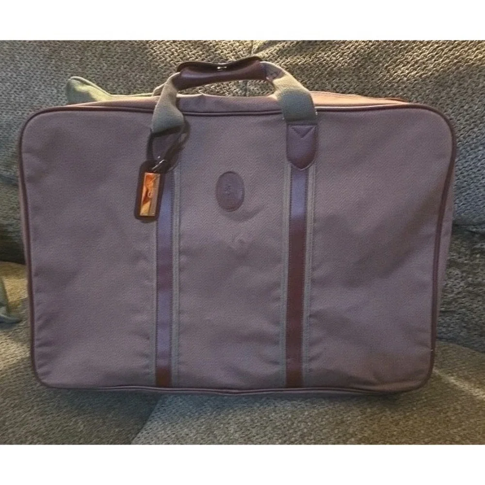 Polo Ralph Lauren Herringbone Garment Bag Brown Canvas Leather Trim Vintage